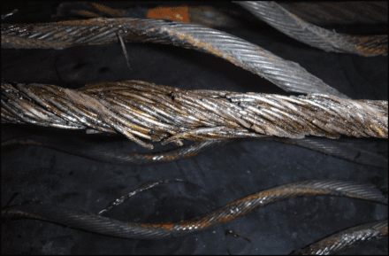 Degradation of crane rope core - loss of 12% of metallic cross section